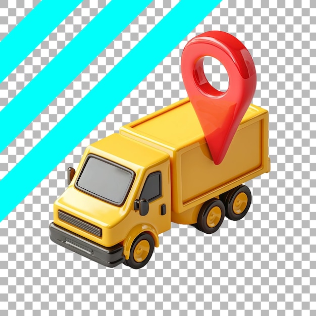 PSD gratuit un camion de livraison jaune 3d avec une épingle de carte rouge et un fond transparent