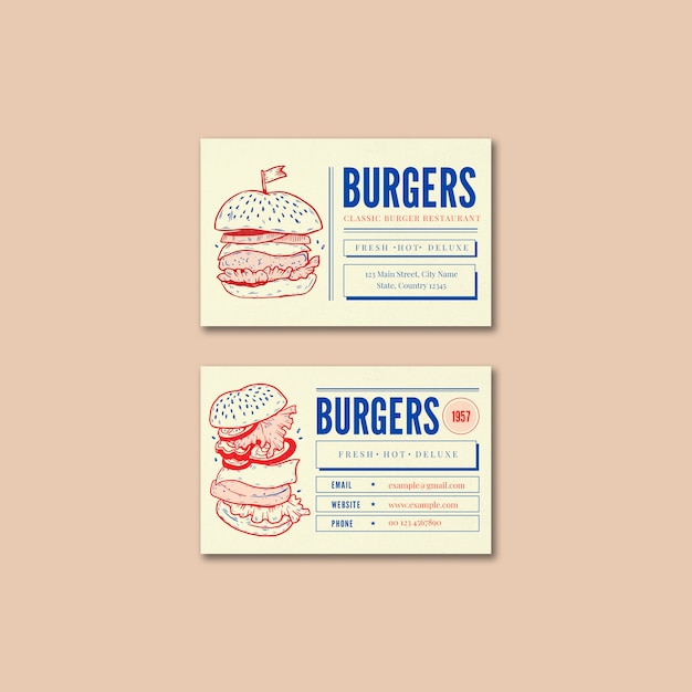 Carte de visite de restaurant burger dessiné à la main