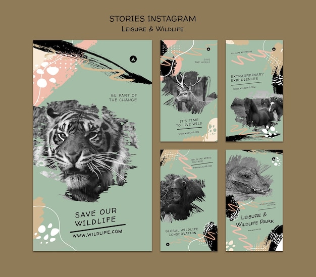 PSD gratuit collection d'histoires instagram sur la préservation et la protection de la faune avec des coups de pinceau abstraits