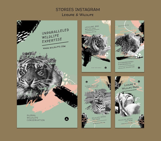 PSD gratuit collection d'histoires instagram sur la préservation et la protection de la faune avec des coups de pinceau abstraits