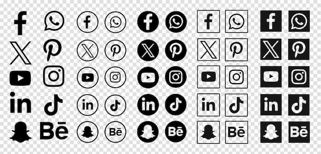 Une collection de logos de médias sociaux noirs sur un fond transparent