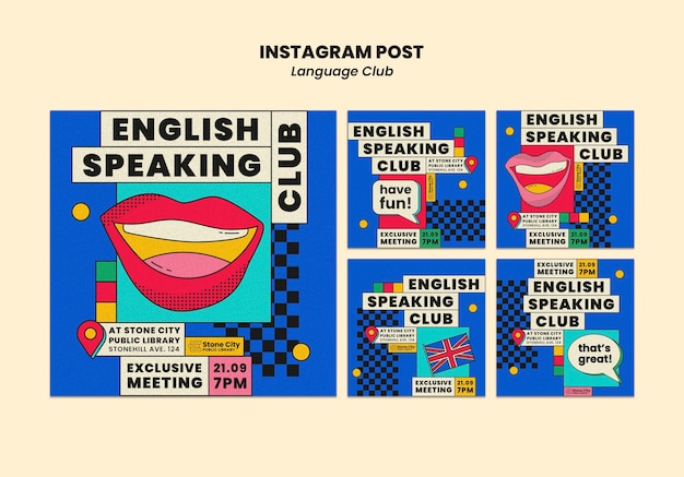 PSD gratuit collection de publications instagram pour le club de langue anglaise