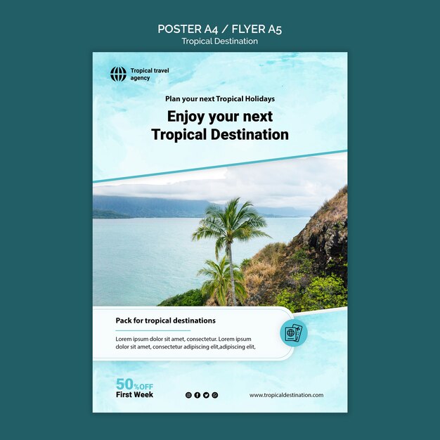 Conception de modèle d'affiche de destination tropicale