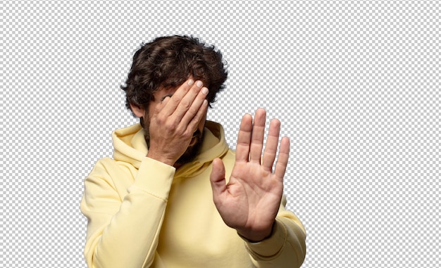 PSD gratuit couvrant le visage avec la main et mettant l'autre main en avant pour arrêter la caméra refusant les photos ou les images
