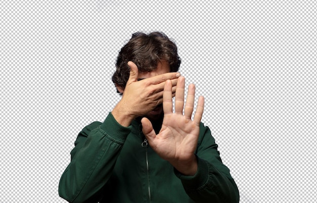 PSD gratuit couvrant le visage avec la main et mettant l'autre main en avant pour arrêter la caméra refusant les photos ou les images