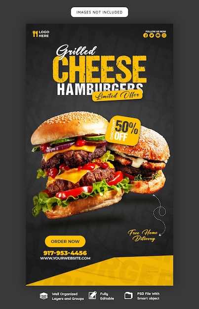 PSD gratuit délicieux burger et menu de nourriture modèle d'histoire instagram et facebook