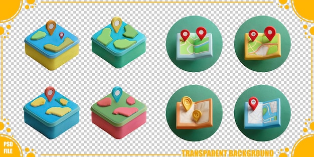 PSD gratuit icones de cartes 3d colorées et épingles pour la navigation