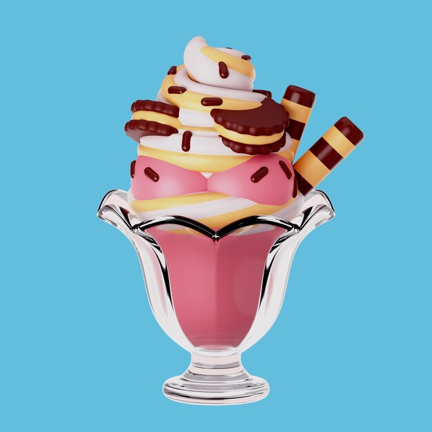 Illustration 3D avec un dessert à la crème glacée sucrée