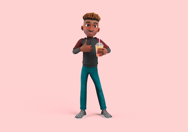 Illustration 3d de pose de personnage masculin tenant une boisson et montrant les pouces vers le haut