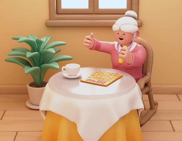 PSD gratuit illustration 3d pour une maison de retraite avec une femme jouant au bingo