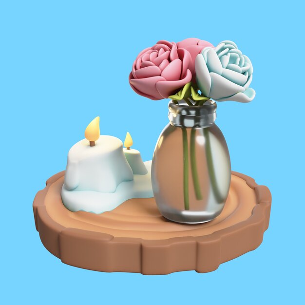 Illustration de mariage 3D d'un vase à fleurs et de bougies