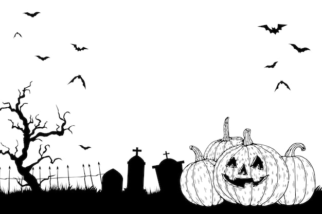 PSD gratuit illustration réaliste d'halloween dessinée à la main avec des citrouilles et un cimetière