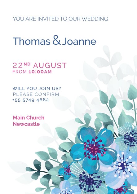 Invitation de mariage élégant avec des fleurs bleues