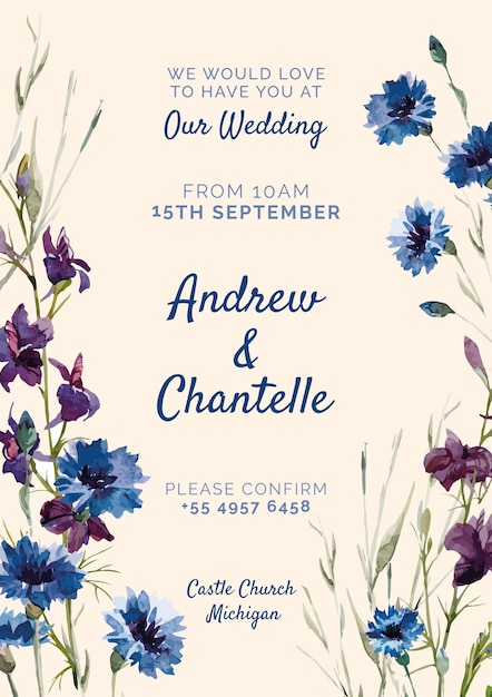 Invitation de mariage avec des fleurs bleues et violettes