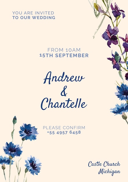 Invitation de mariage avec fleurs peintes en bleu et violet