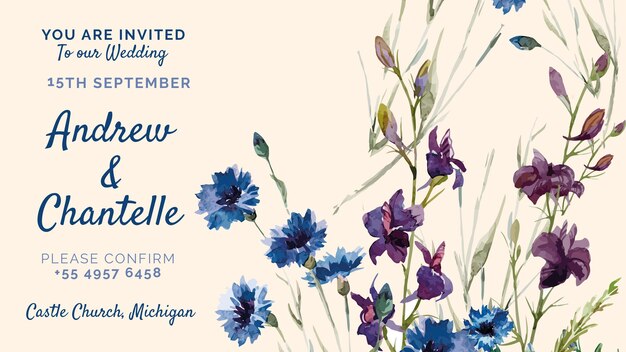 Invitation de mariage avec fleurs peintes en violet et bleu