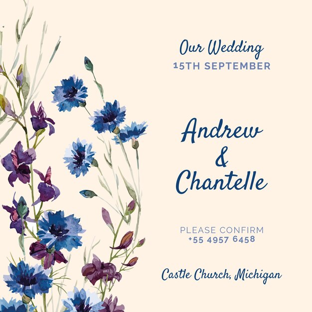 Invitation de mariage rose avec des fleurs peintes en violet et bleu