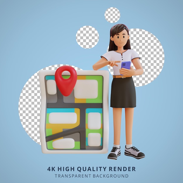 PSD gratuit jeune fille vérifiant la carte à l'aide d'une illustration de personnage 3d de téléphone intelligent