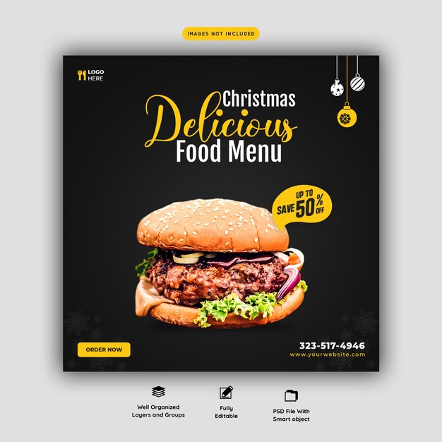 Joyeux Noël délicieux burger et menu de nourriture modèle de bannière de médias sociaux