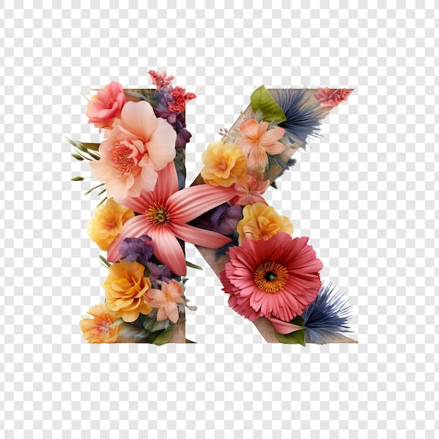 PSD gratuit lettre k avec des éléments de fleur fleur faite de fleur 3d isolée sur un fond transparent