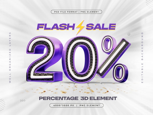 PSD gratuit logo de vente flash 3d avec une offre de réduction de 20% illustration de rendu 3d