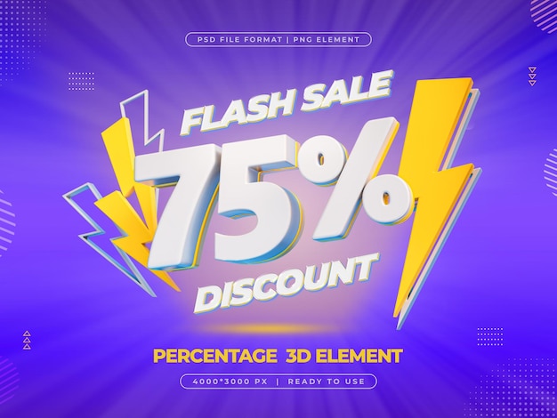 PSD gratuit logo de vente flash 3d avec une offre de réduction de 75% illustration de rendu 3d