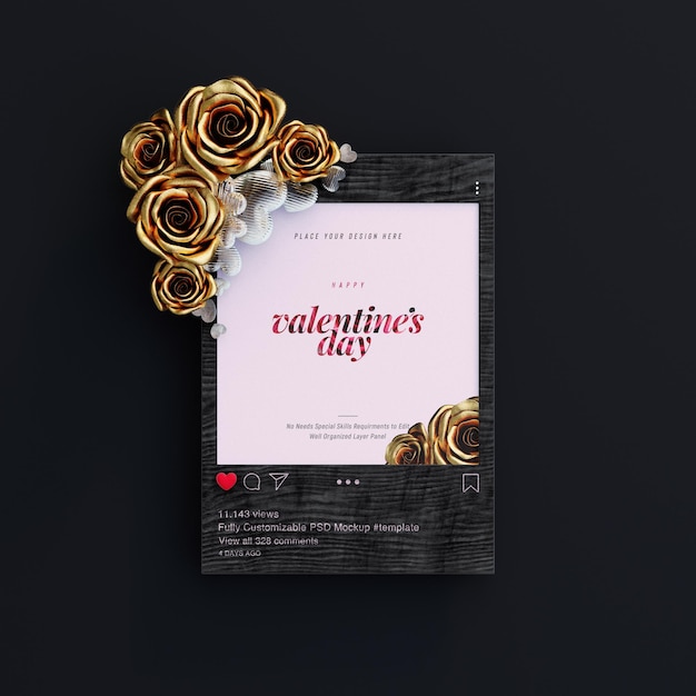 PSD gratuit maquette de publication instagram avec des vibrations de la saint-valentin décorées de jolies roses et de coeurs d'amour