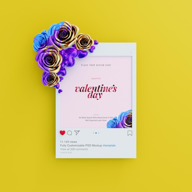 PSD gratuit maquette de publication instagram avec des vibrations de la saint-valentin décorées de jolies roses et de coeurs d'amour