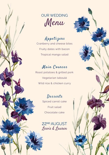 Menu de mariage avec des fleurs violettes et bleues