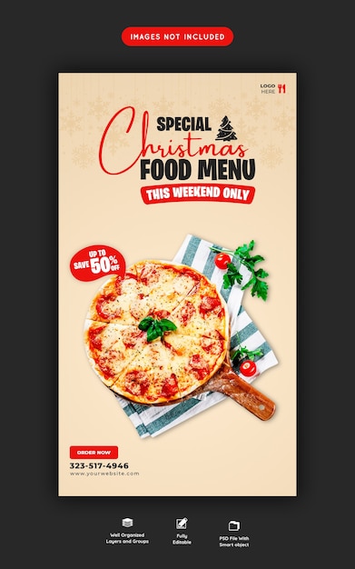 PSD gratuit menu de nourriture joyeux noël et modèle d'histoire de médias sociaux de pizza délicieuse