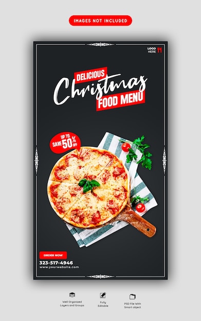 PSD gratuit menu de nourriture joyeux noël et modèle d'histoire de médias sociaux de pizza délicieuse