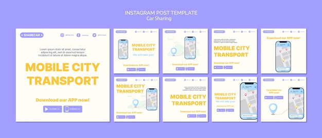 PSD gratuit messages instagram de covoiturage au design plat