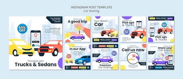 PSD gratuit messages instagram de covoiturage au design plat