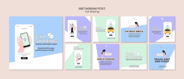 PSD gratuit messages instagram de covoiturage au design plat