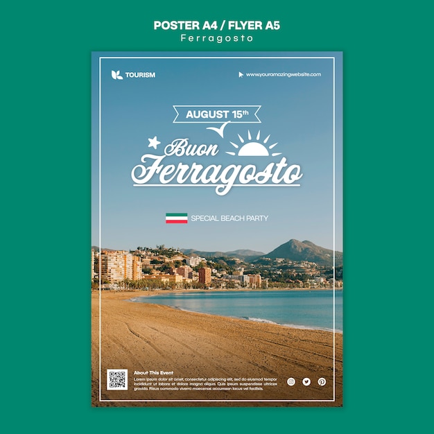 PSD gratuit modèle d'affiche de célébration ferragosto design plat