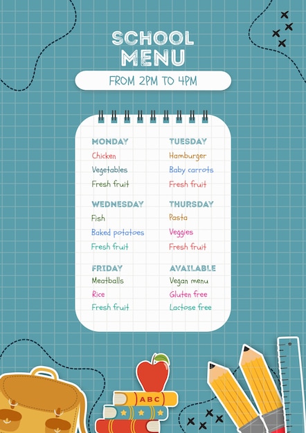 PSD gratuit modèle d'affiche de menu école bleue
