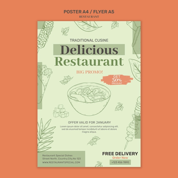 PSD gratuit modèle d'affiche d'ouverture de restaurant dessiné à la main