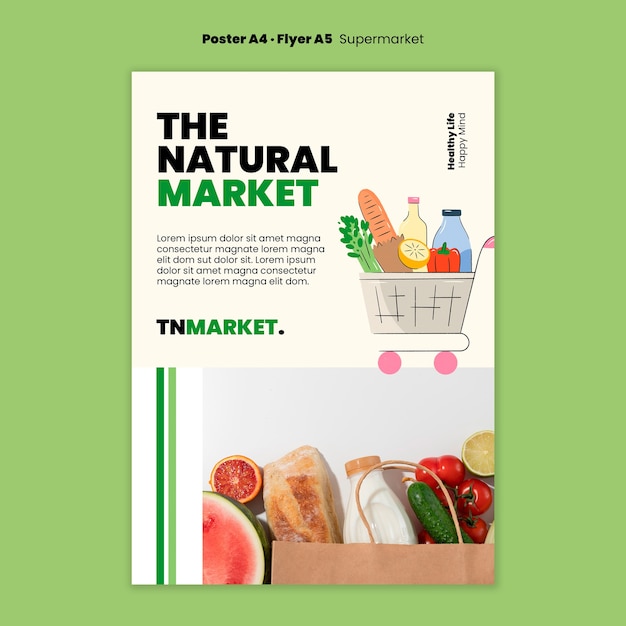 Modèle d'affiche de supermarché naturel design plat