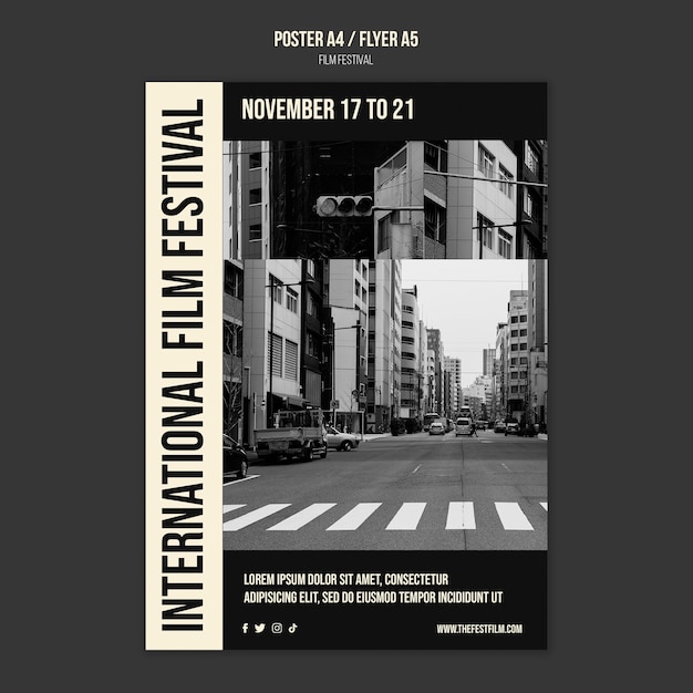 PSD gratuit modèle d'affiche verticale du festival du film monochrome