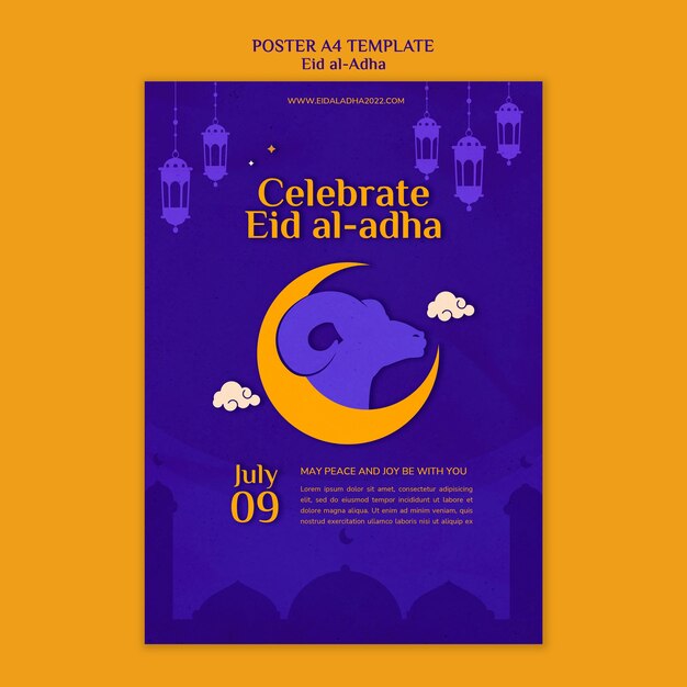 Modèle d'affiche verticale eid al-adha avec croissant de lune et bélier