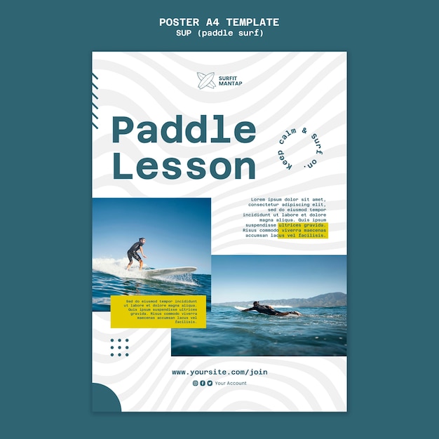 Modèle d'affiche verticale de leçons de surf paddle