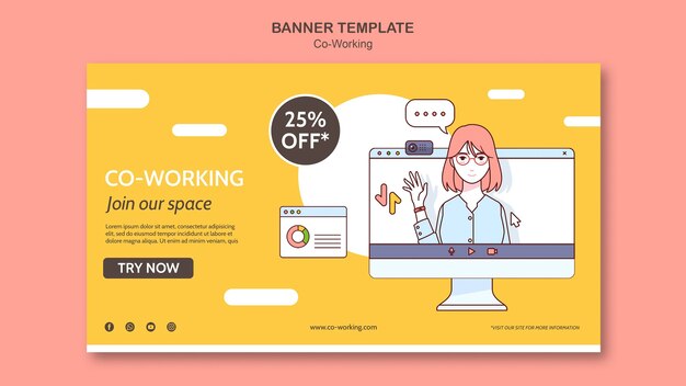PSD gratuit modèle de bannière horizontale de coworking