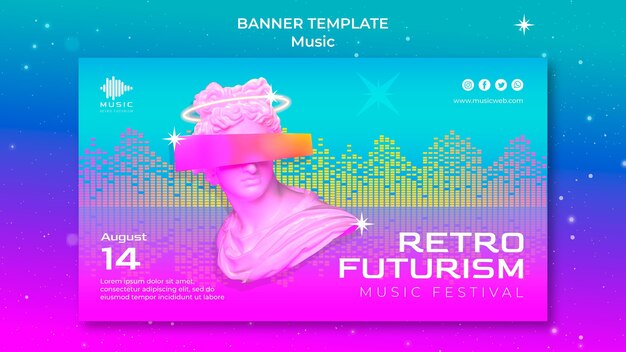 Modèle de bannière horizontale futuriste rétro pour la fête de la musique