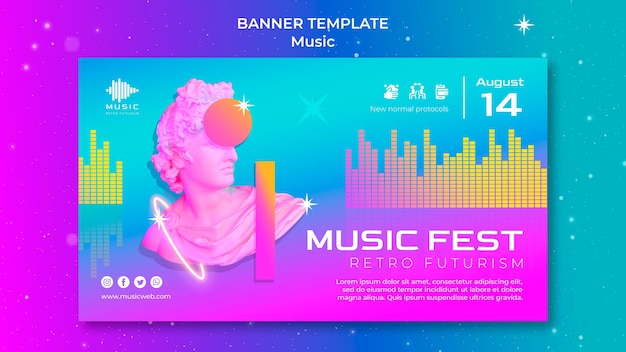 PSD gratuit modèle de bannière horizontale futuriste rétro pour la fête de la musique