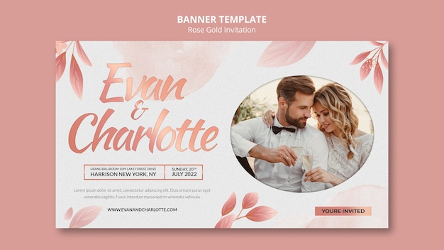 PSD gratuit modèle de bannière horizontale d'invitation de mariage en or rose avec des feuilles