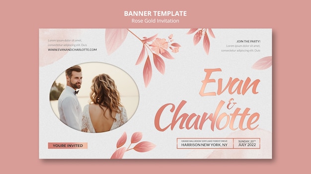 PSD gratuit modèle de bannière horizontale d'invitation de mariage en or rose avec des feuilles