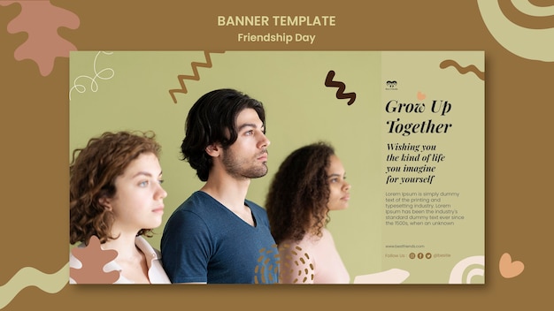 PSD gratuit modèle de bannière horizontale de la journée de l'amitié avec des formes abstraites et des feuilles