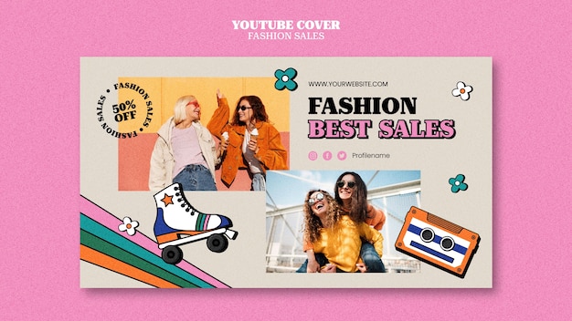 PSD gratuit modèle de couverture youtube de vente de mode avec un design rétro