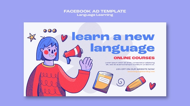 PSD gratuit modèle facebook d'apprentissage des langues dessiné à la main