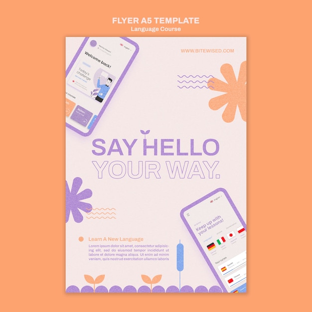 PSD gratuit modèle de flyer vertical de cours de langue étrangère dans un style floral